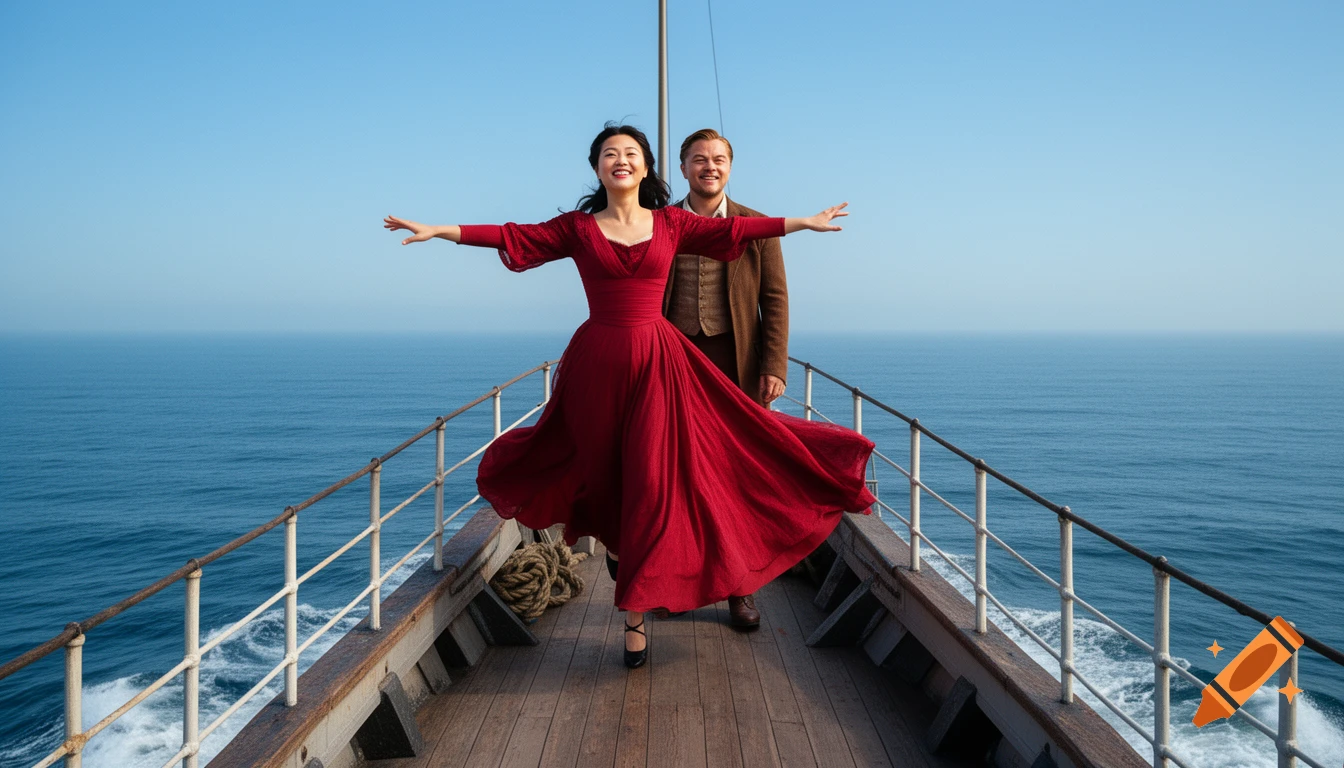Asian woman in red dress with arms outstretched on a ship's bow, with Leonardo DiCaprio behind her, against an ocean and blue sky background.