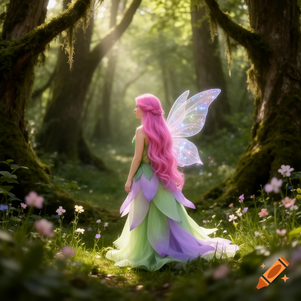 A pink-haired fairy with glowing iridescent wings stands in a magical, sun-dappled forest, looking to the right.