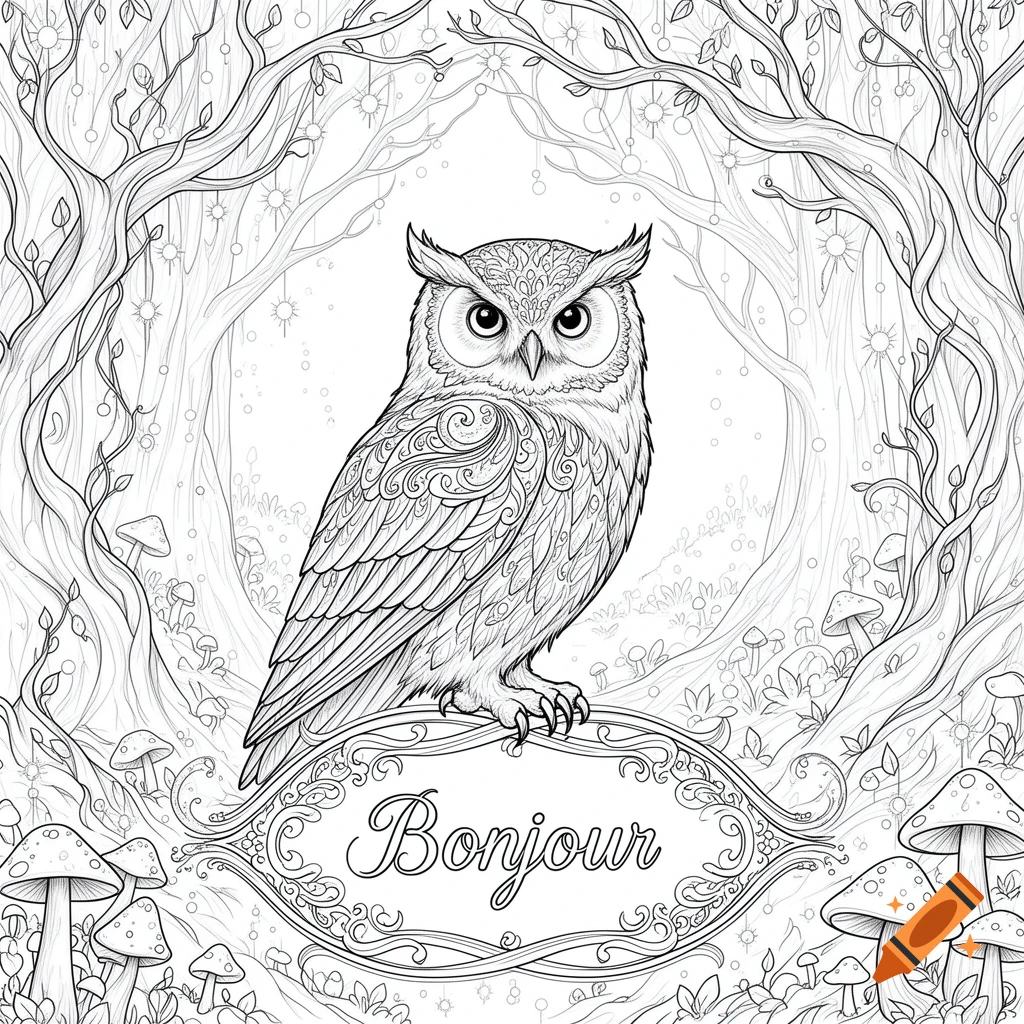 Black and white line art coloring page of a decorative owl perched on a 'Bonjour' banner in a whimsical forest with mushrooms.
