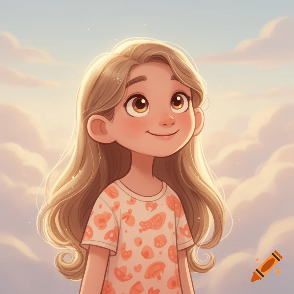 A cartoon girl with long blonde hair and amber eyes smiles gently, wearing a patterned shirt against a cloudy sky.