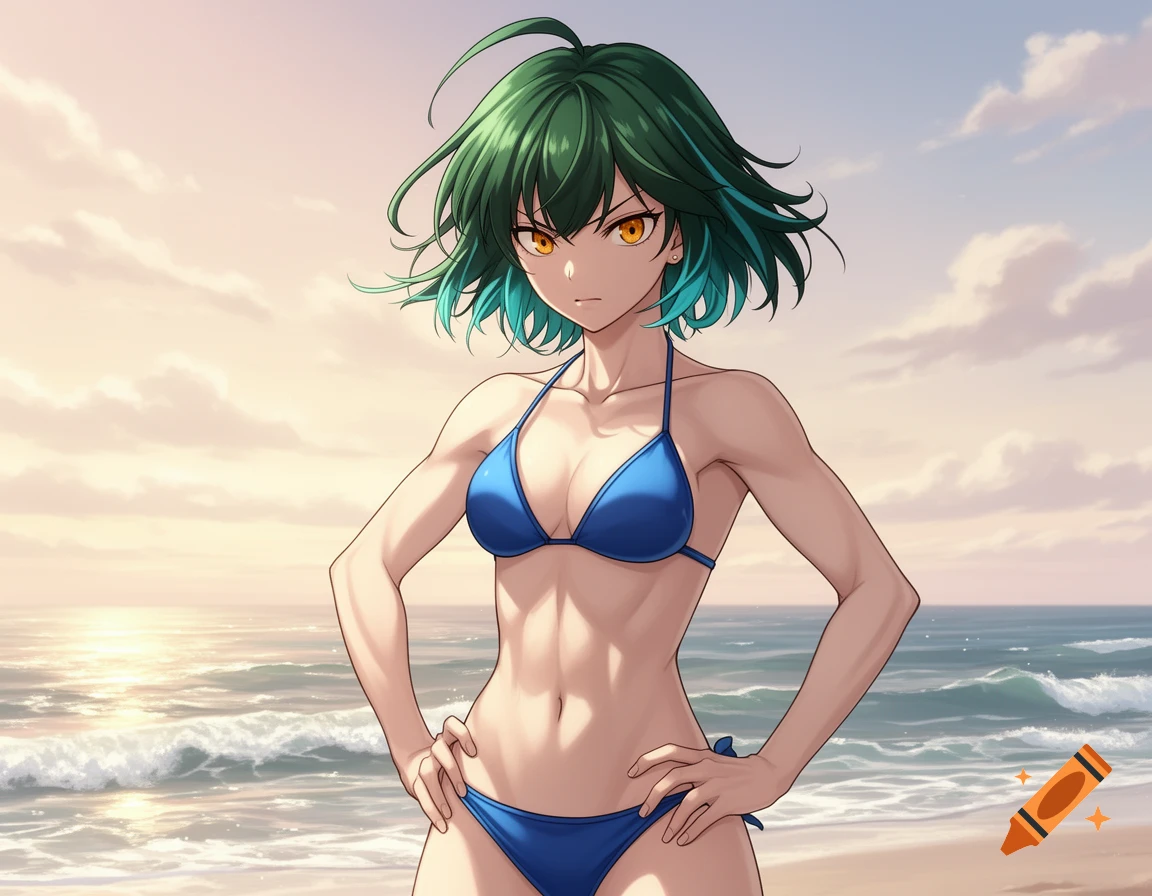 An anime girl with green and teal hair, wearing a blue bikini, stands on a sandy beach with waves in the background under a cloudy sky.
