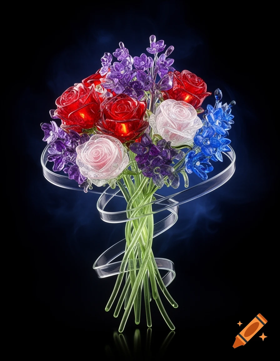 A detailed bouquet of luminous glass flowers, featuring red, pink, purple, and blue blossoms with green glass stems, against a dark background.