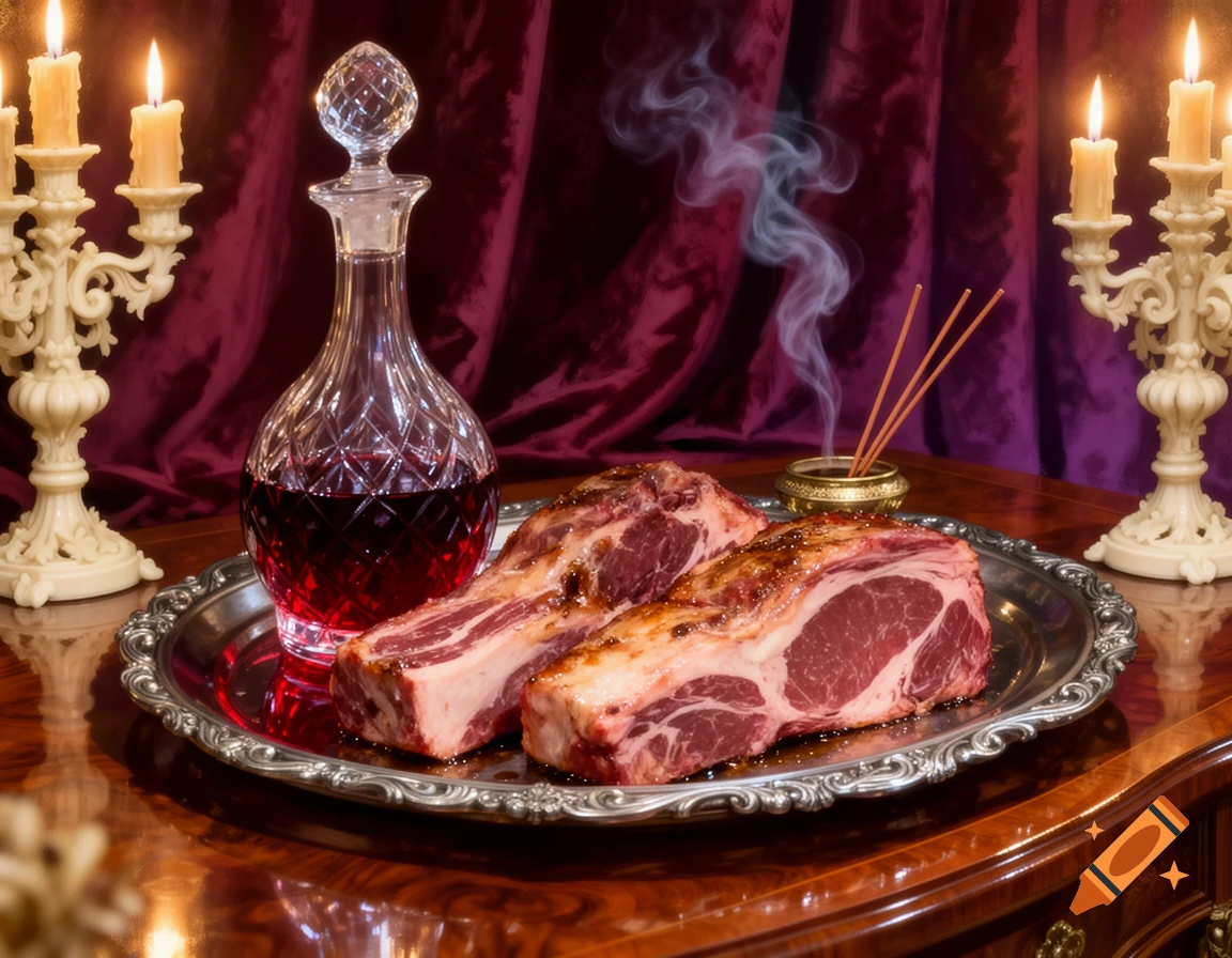 Raw steaks and red wine in a crystal decanter on a silver platter, flanked by lit candelabras, with smoking incense.