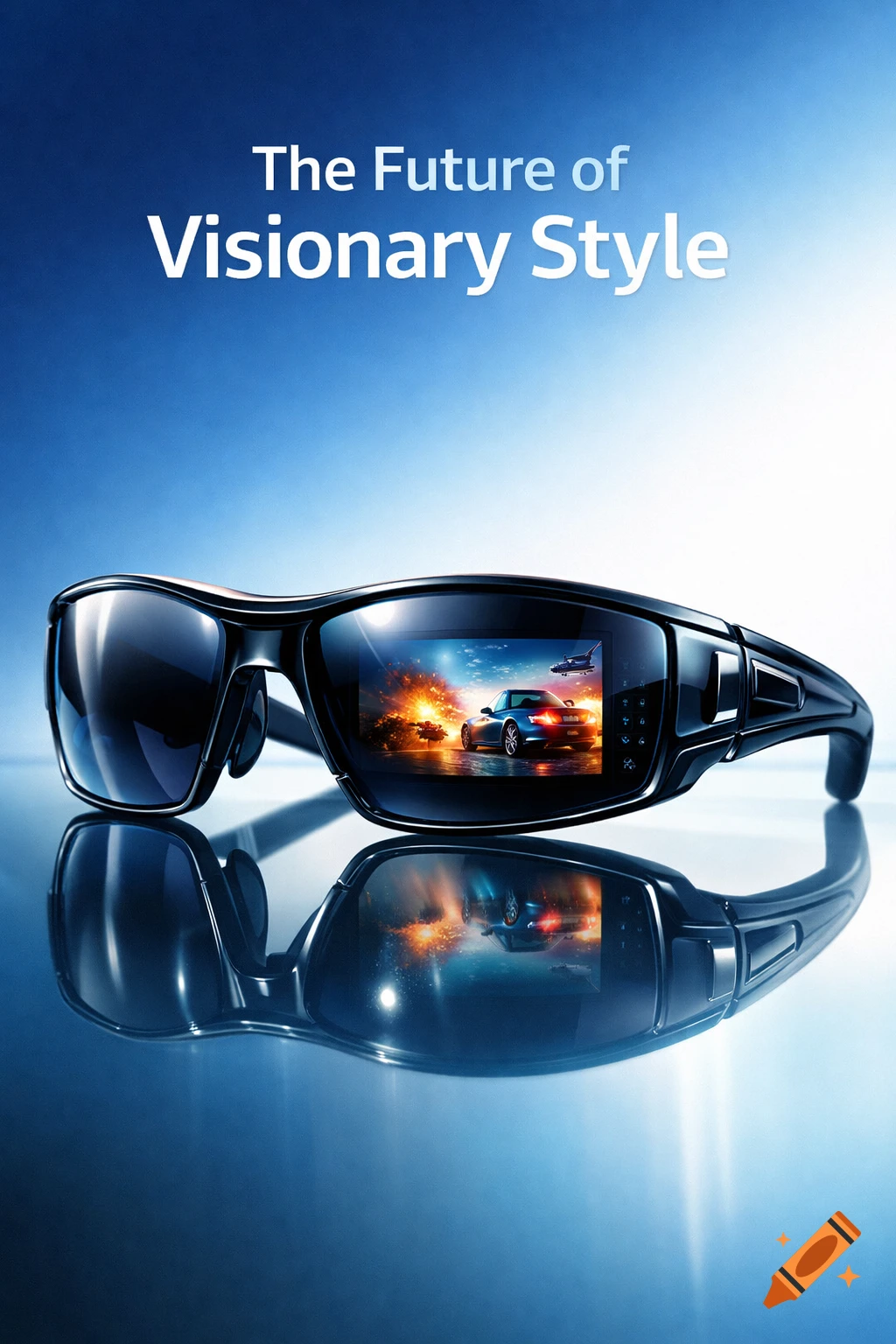 Sleek black sunglasses with a car chase scene on the lens, reflecting on a blue surface, under the text 'The Future of Visionary Style'.