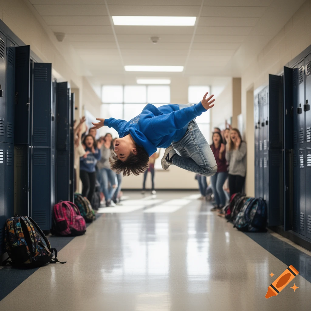 A young person in a blue hoodie does a backflip in a school hallway as other students watch.