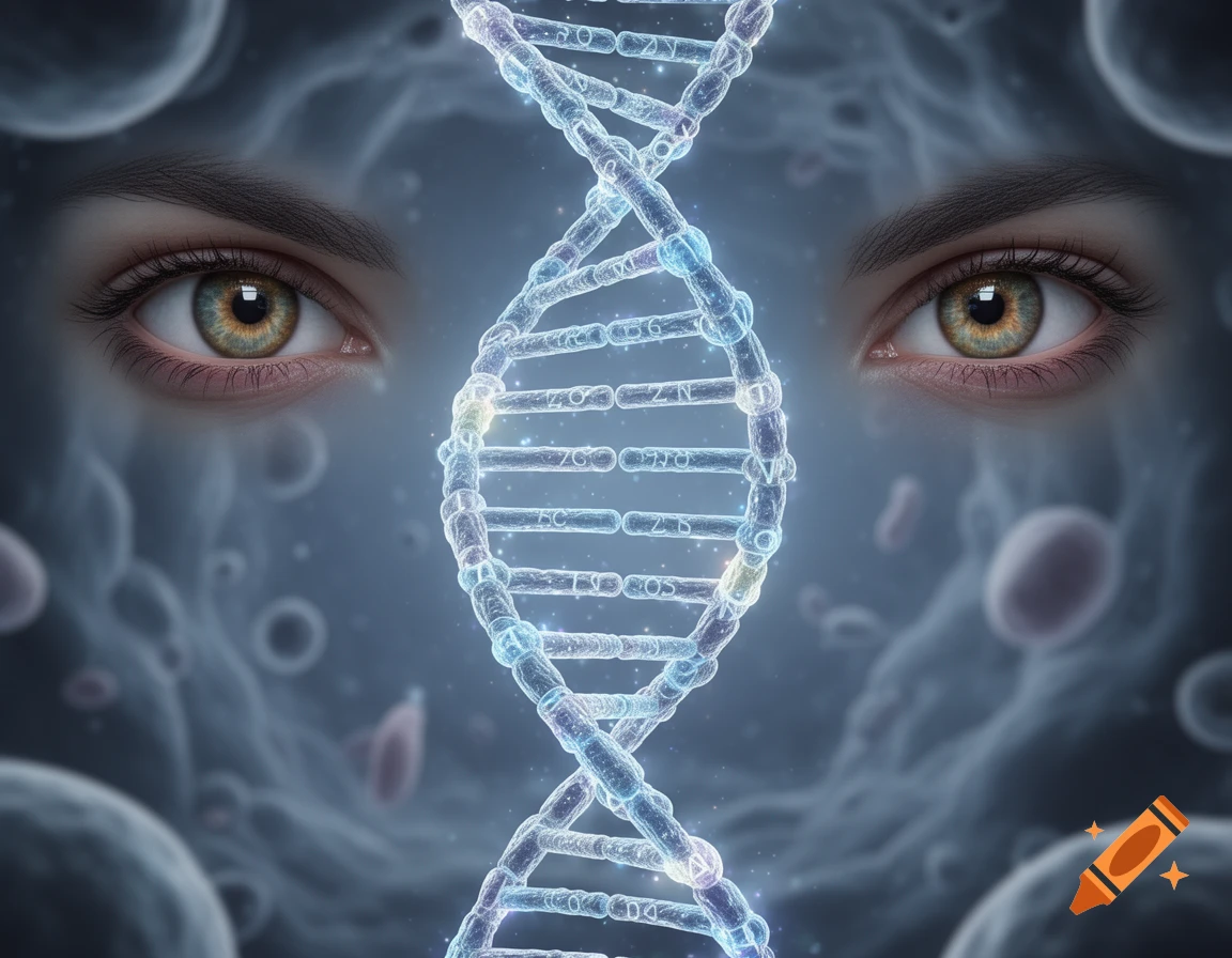 Two human eyes gaze at a glowing blue DNA double helix, surrounded by microscopic cells in a dark blue background.