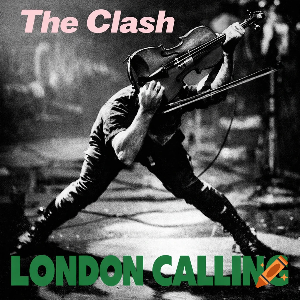 Dynamic black and white photo of a musician aggressively playing a violin, with 'The Clash' and 'LONDON CALLING' text, album cover style.