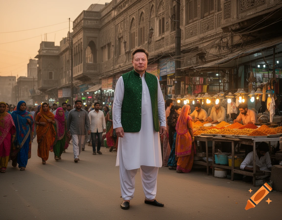 Elon Musk stands in white kurta pajama and a green vest on a bustling photorealistic Karachi street market.