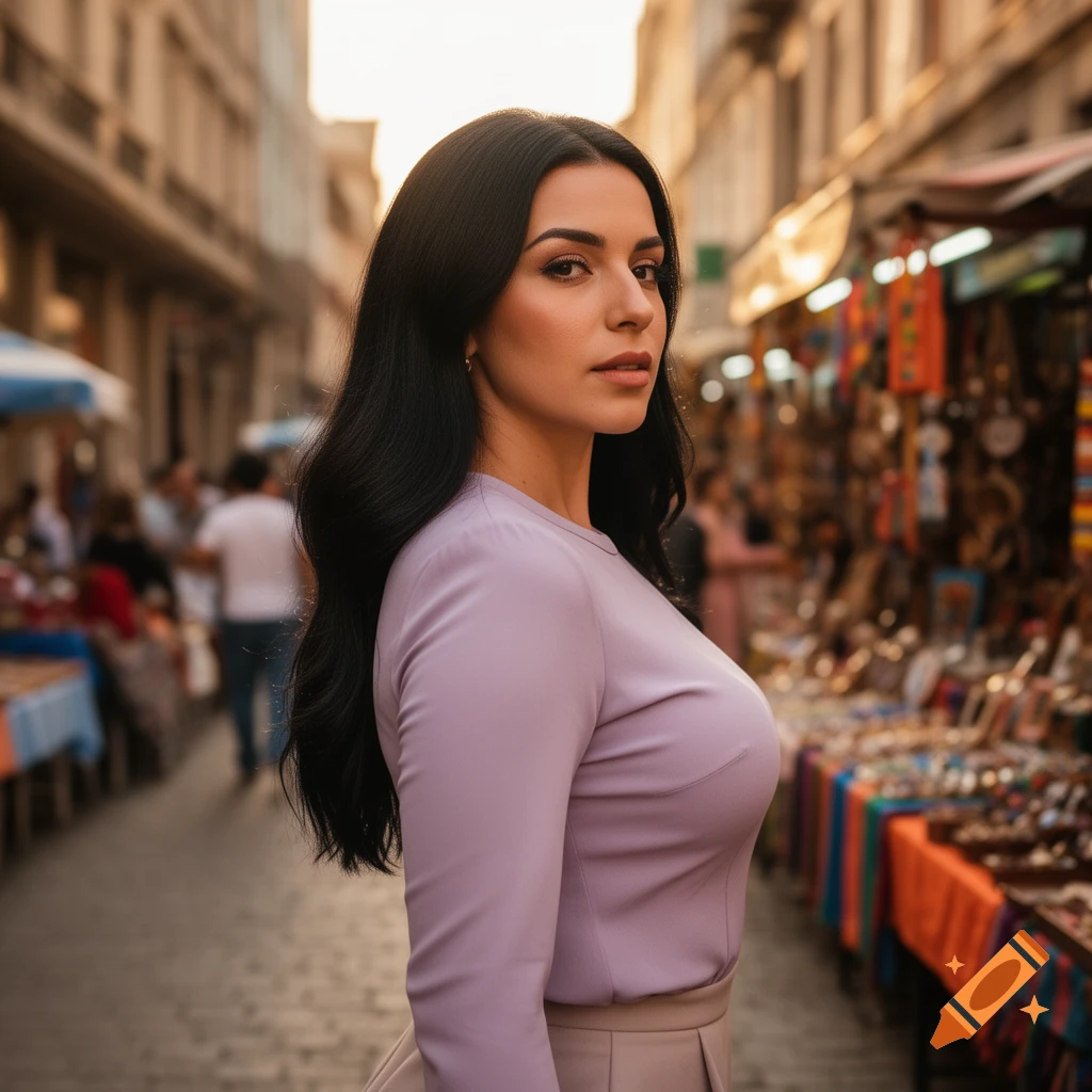 A dark-haired woman in a lavender top and beige skirt stands in a bustling street market, looking intently at the viewer.
