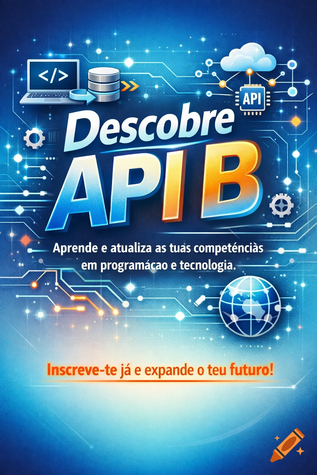 Vibrant blue promotional poster for 'API B' course, featuring a laptop, database, cloud, and globe connected by circuit lines.