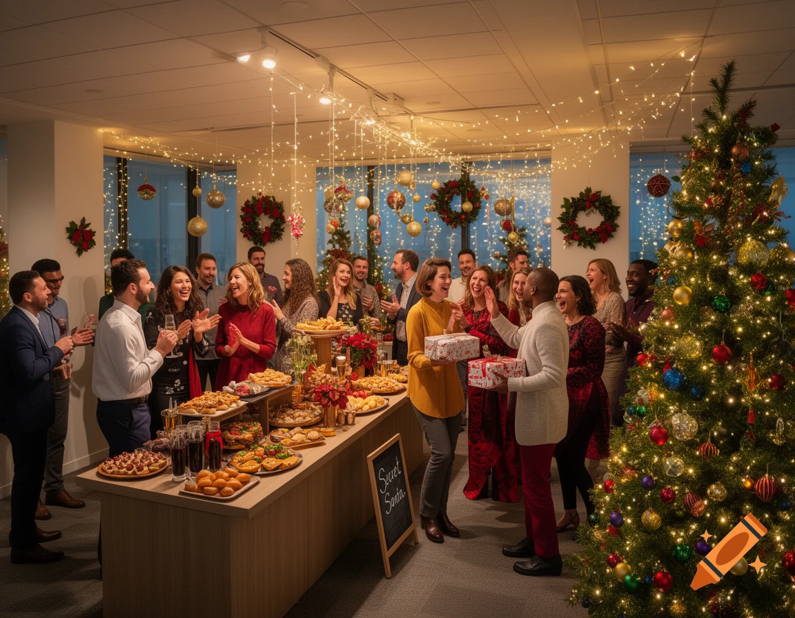 A diverse group of people celebrating an office holiday party with food, drinks, gifts, and Christmas decorations.