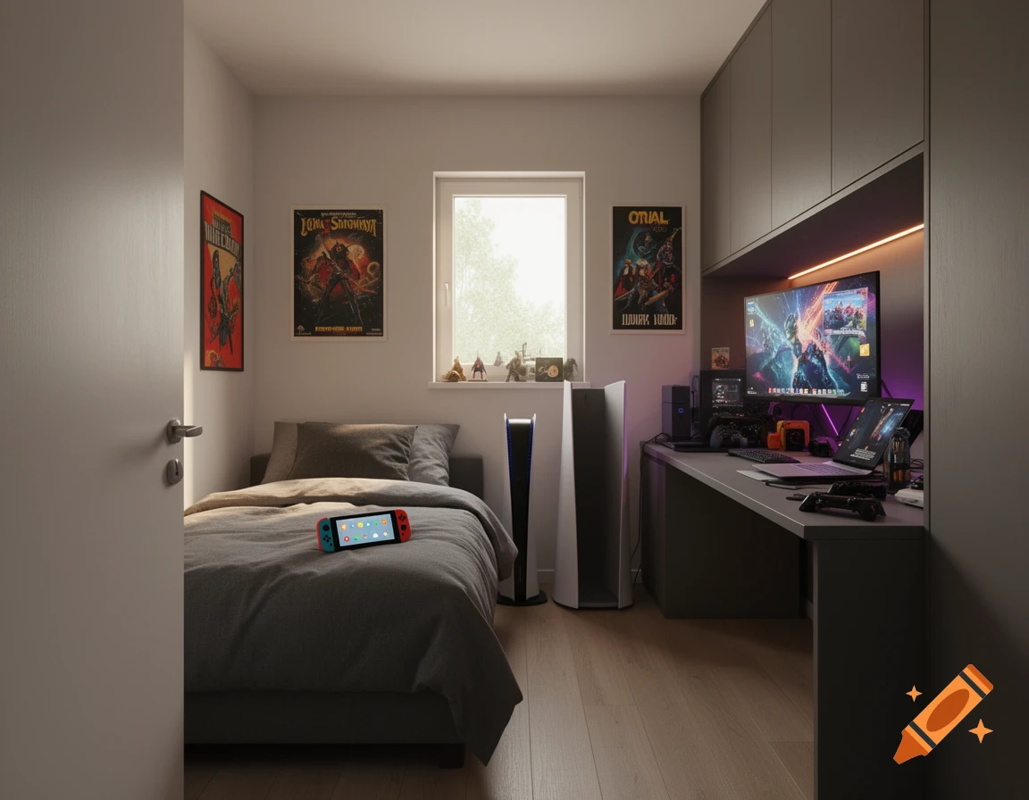 A modern gaming bedroom with a bed, a window, and a desk featuring a PC setup, PS5 console, and a Nintendo Switch Lite on the bed.