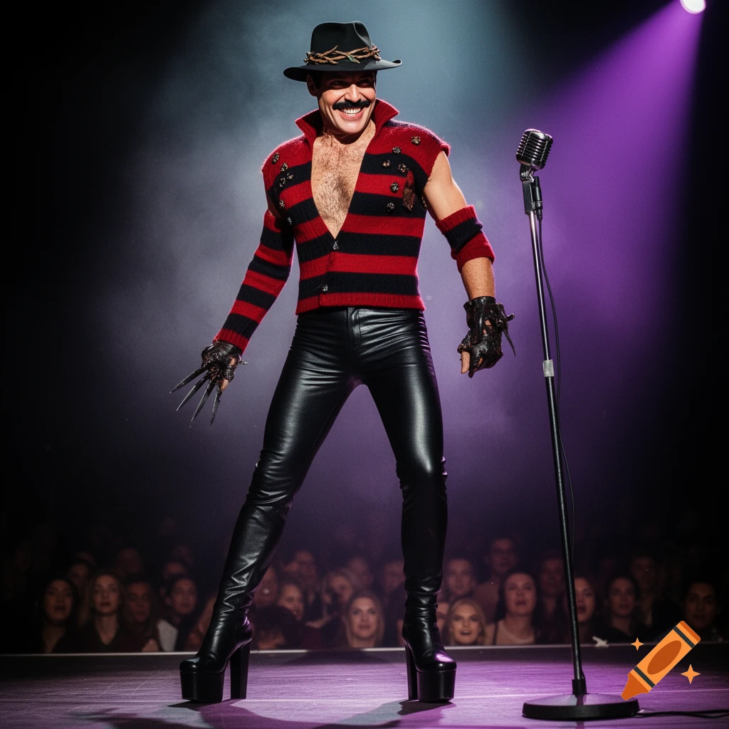 A man in a Freddie Mercury/Freddy Krueger hybrid costume, wearing a striped sweater, leather pants, and platform boots, on a stage.