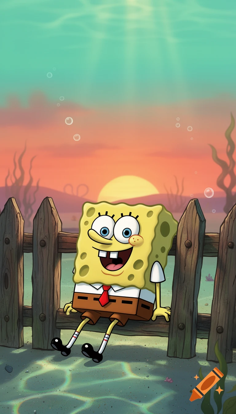 Spongebob Squarepants smiles while leaning on a wooden fence underwater at sunset, surrounded by bubbles and seaweed in a cartoon style.