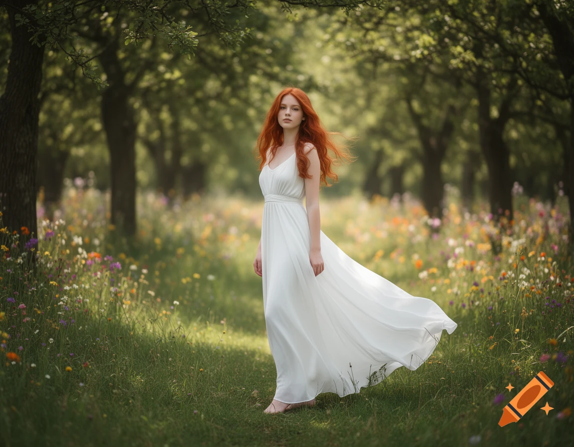 A young woman with long red hair in a flowing white dress stands ...