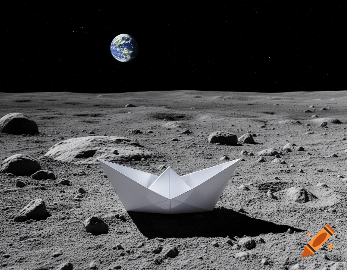A photorealistic white paper boat sits on the moon's rocky surface, with Earth visible in the dark, starry sky.