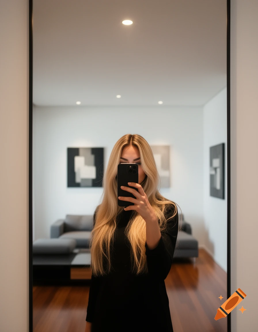 A woman with long blonde hair takes a mirror selfie with her phone covering her face, in a modern room with a couch and artwork.