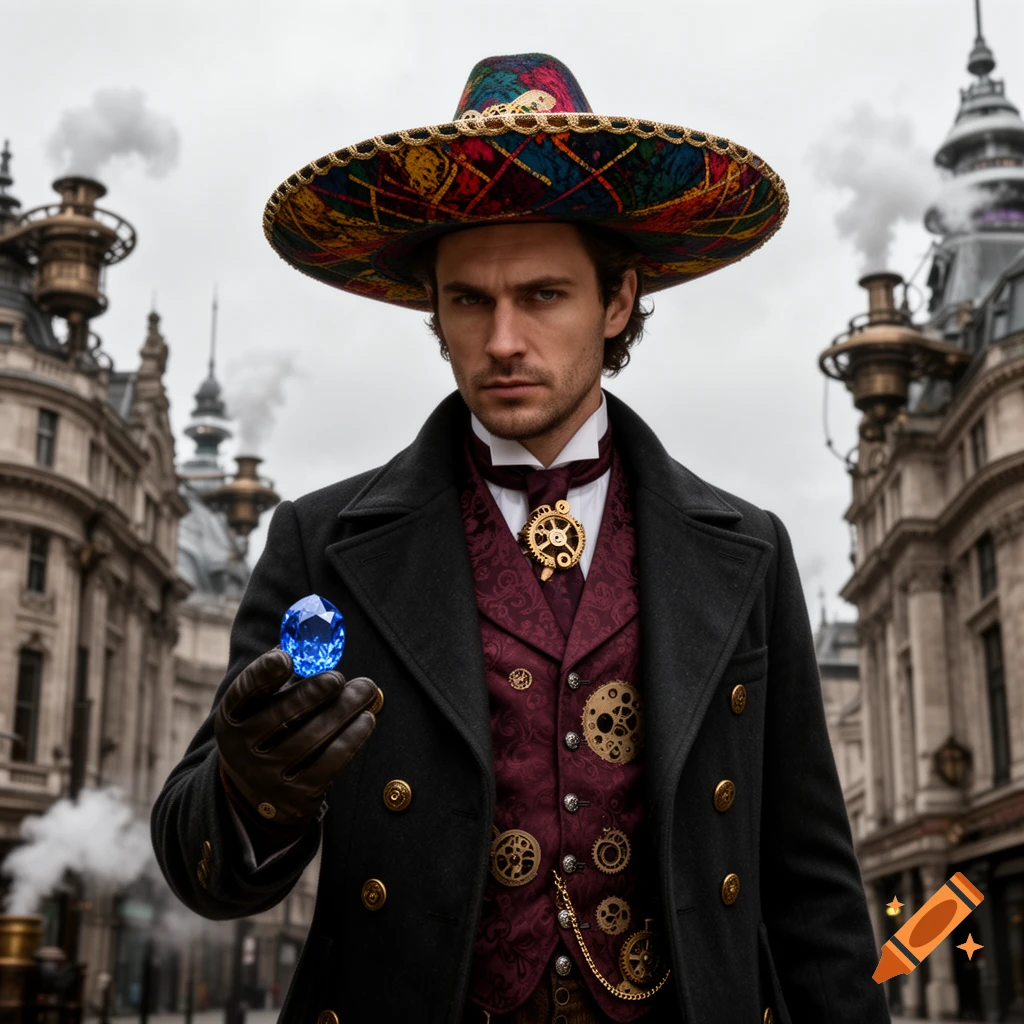 A man in a steampunk outfit and colorful sombrero holds a glowing blue gem on a street with steampunk buildings.