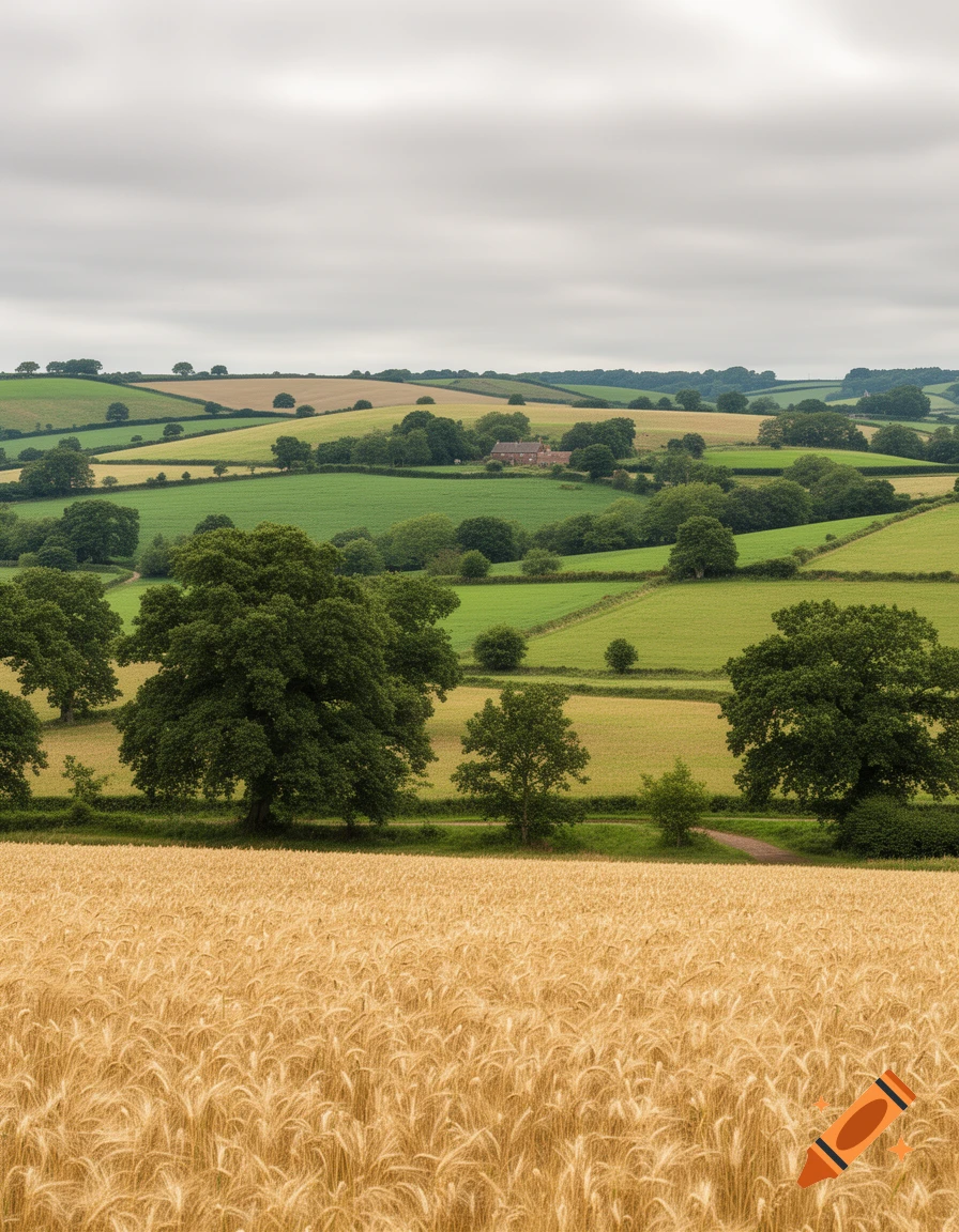 A vast rural landscape with golden wheat fields in the foreground and rolling green hills, trees, and a distant farm under a cloudy sky.