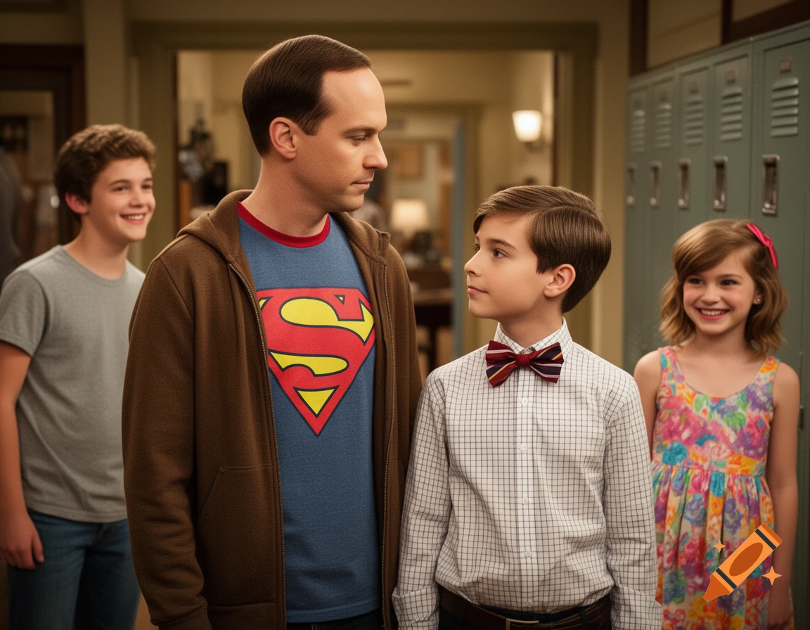 A man in a Superman t-shirt and brown hoodie stands looking at a boy in a plaid shirt and bow tie, with two other children smiling in a school hallway.