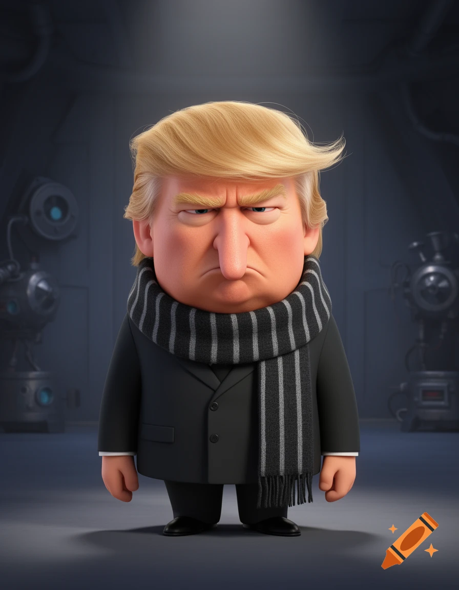 A grumpy, cartoonish character resembling Donald Trump wearing a black suit and striped scarf, in the style of Gru.
