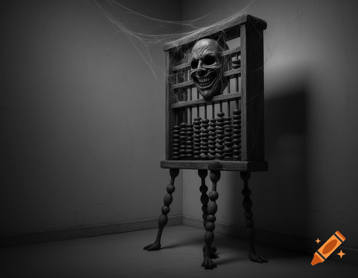 A scary abacus with a grotesque skull face and gnarled legs, covered in cobwebs, in a dark, monochromatic room.