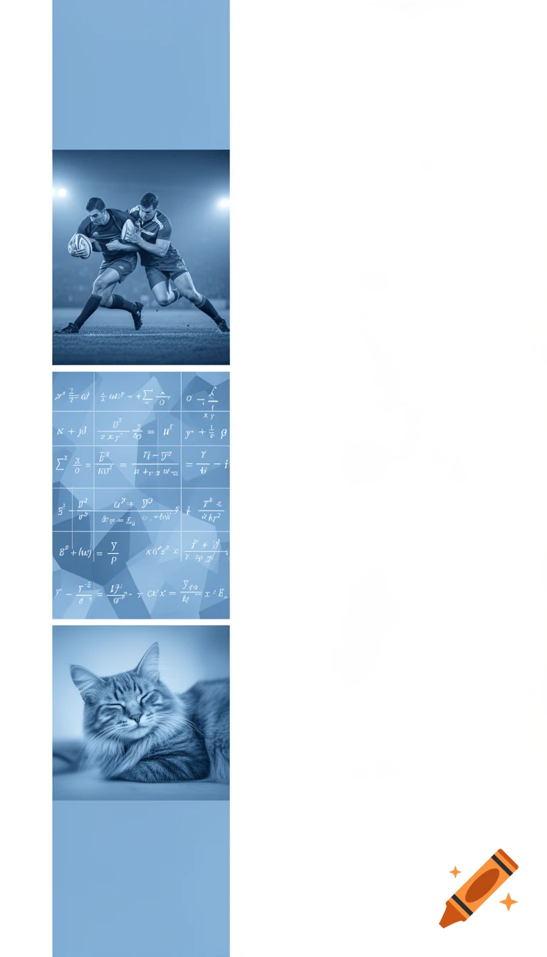 Vertical strip of three blue-toned images: rugby players, mathematical formulas, and a sleeping cat.