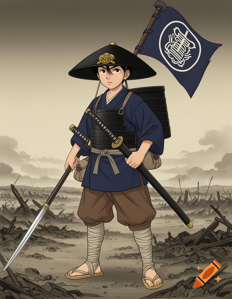 A young, somber Japanese samurai boy stands in a war-torn field, holding a spear and a katana, with a flag on his back. The art style combines anime and ukiyo-e aesthetics.