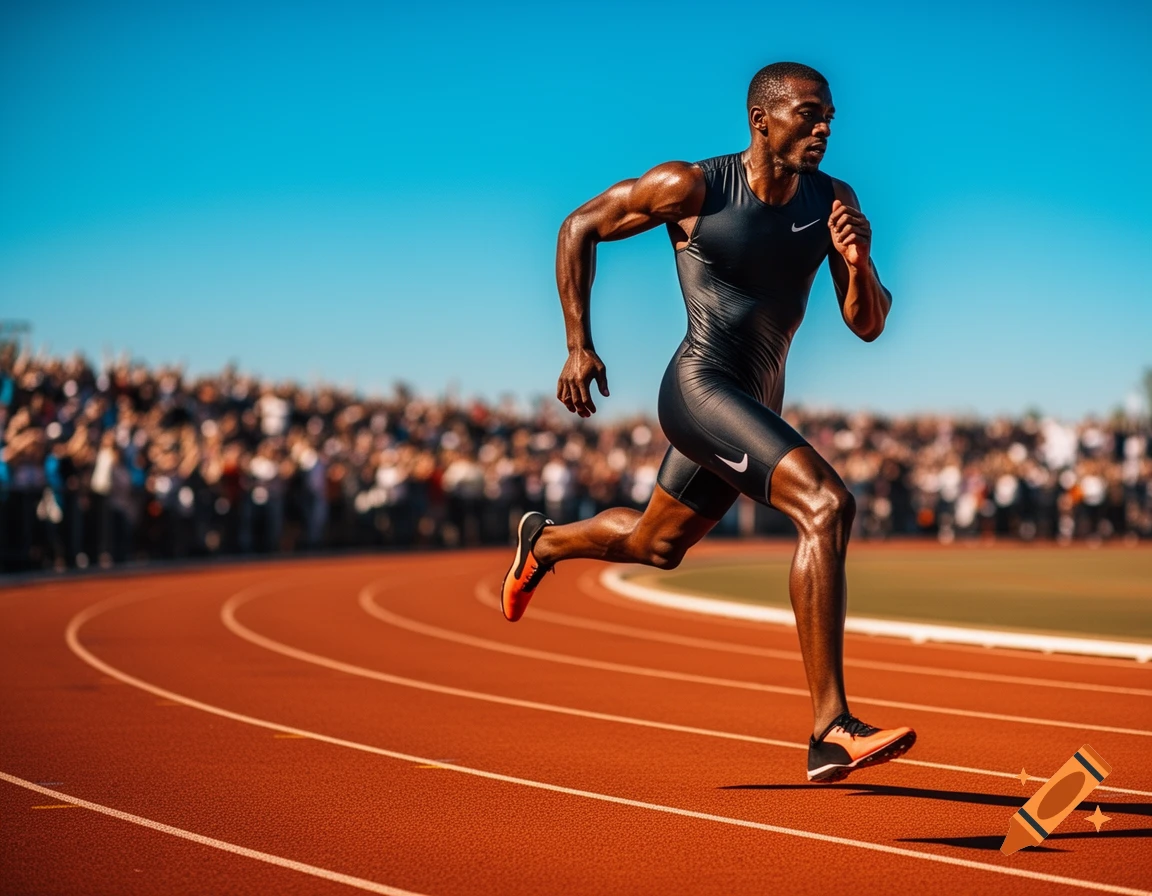 A muscular male athlete in a black running suit sprints on a red track with a crowd in the background under a clear blue sky.