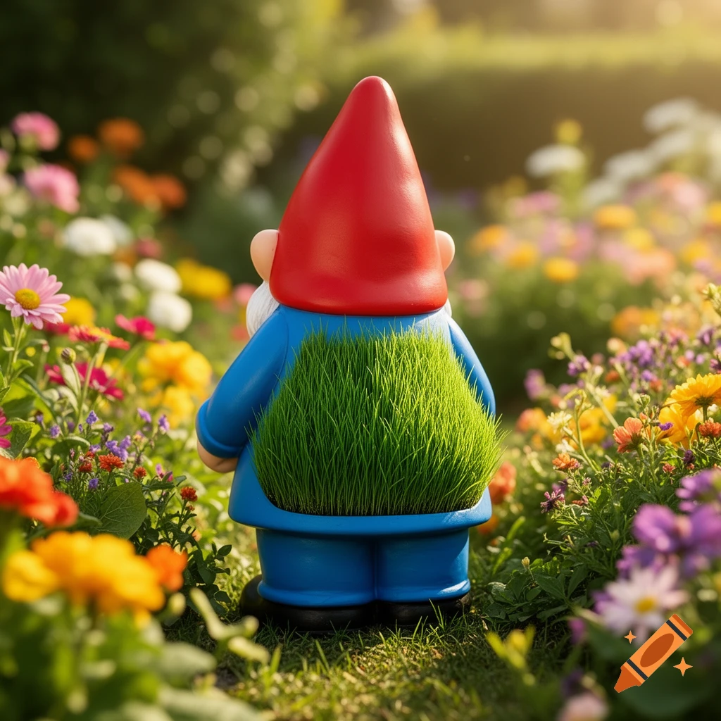 A garden gnome with a red hat and blue suit stands in a vibrant flower garden, with green grass growing from its back.