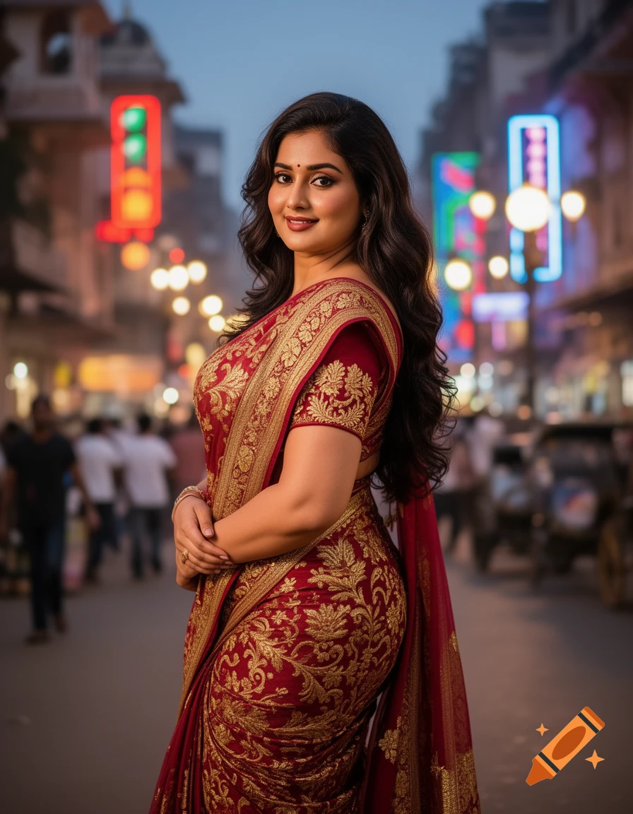A beautiful Indian woman in a red and gold saree smiles on a street at dusk with blurred neon lights.