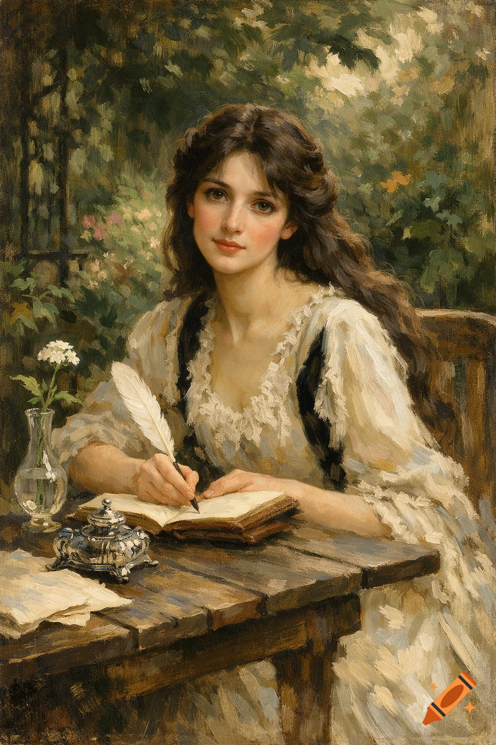 An oil painting of a young Victorian woman writing with a quill at a garden table, looking at the viewer.