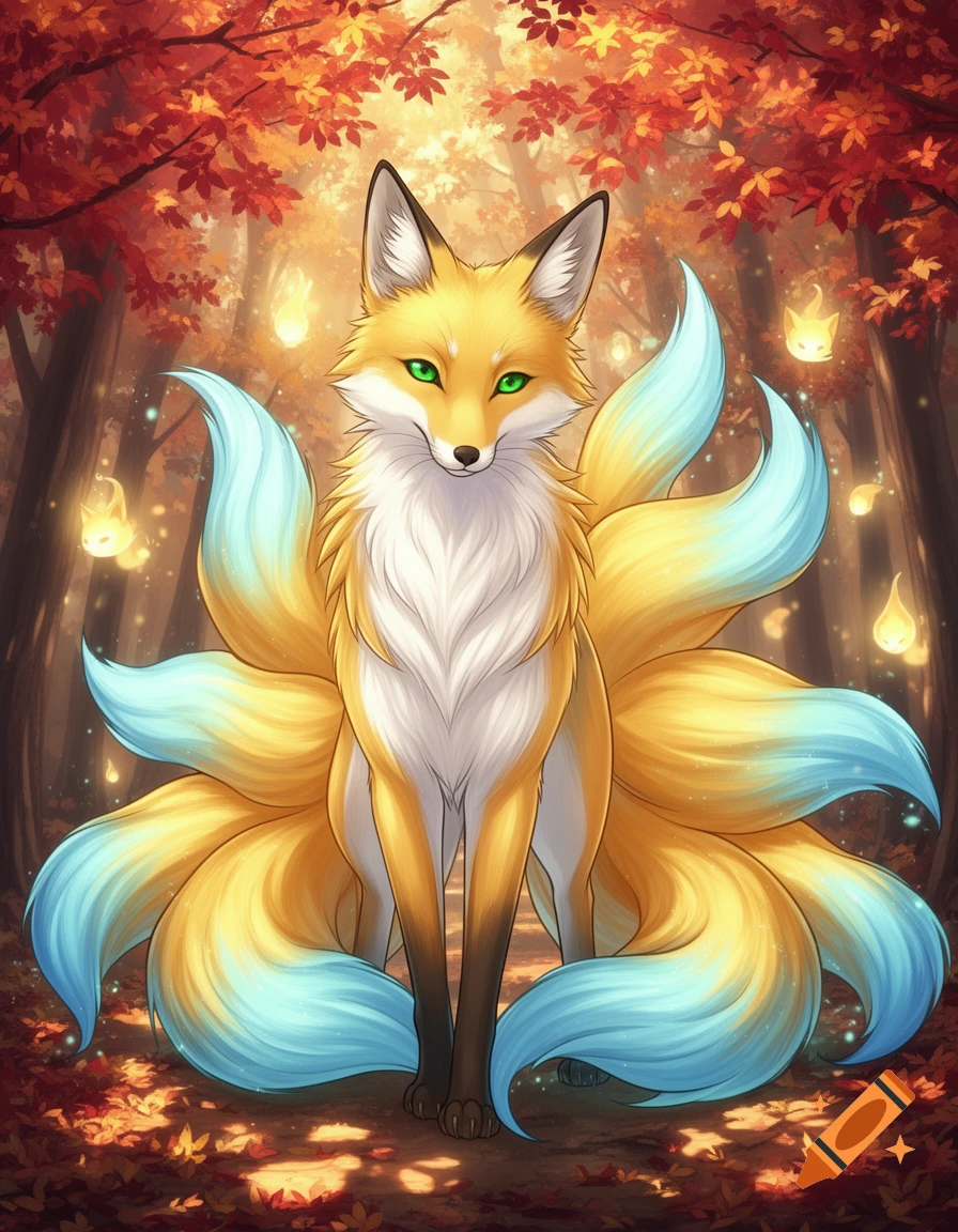 Anime-style nine-tailed fox with golden fur and blue-tipped tails and green eyes stands in an autumn forest with glowing spirits.