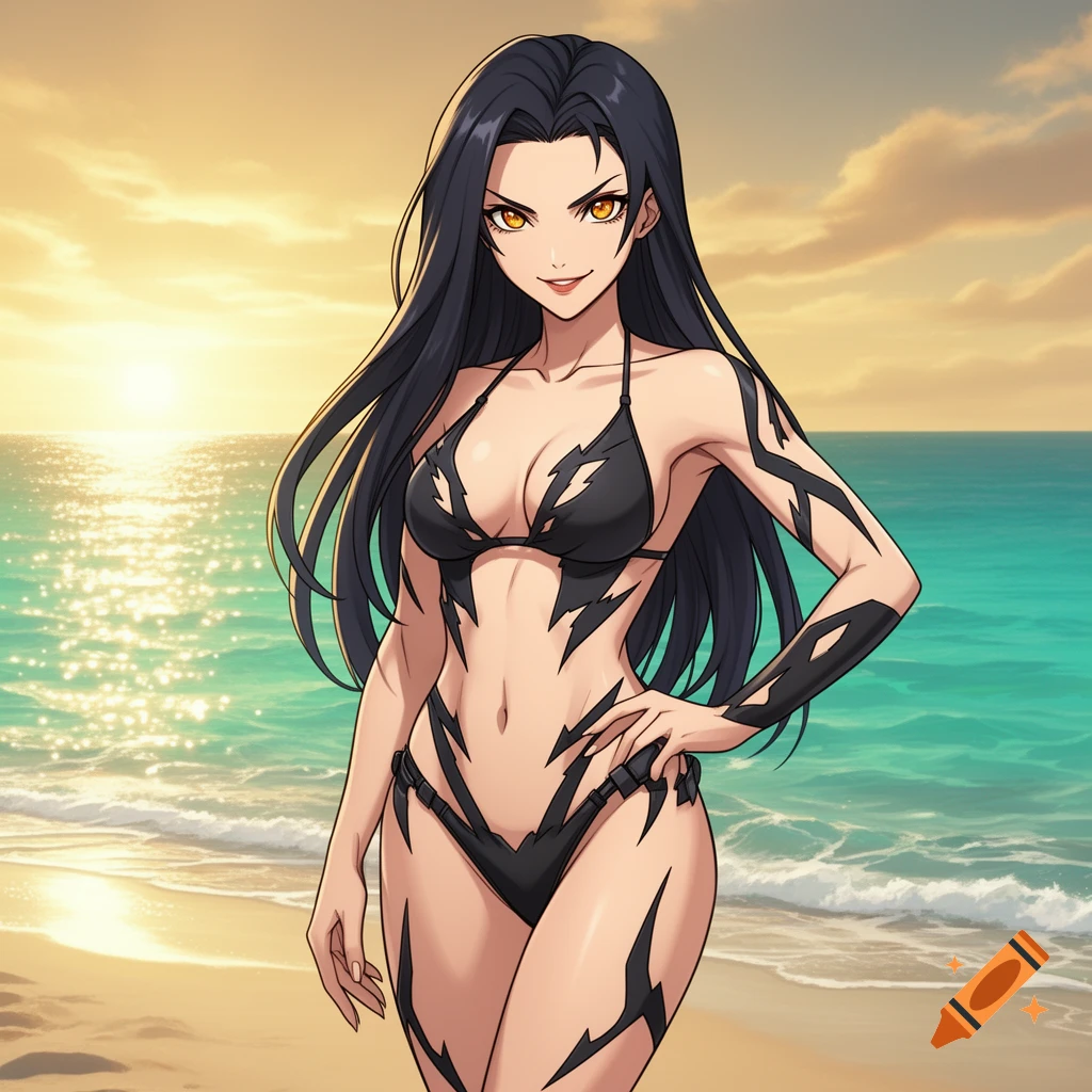 An anime woman with long dark hair and amber eyes, wearing a black bikini with sharp markings, stands on a sunny beach.