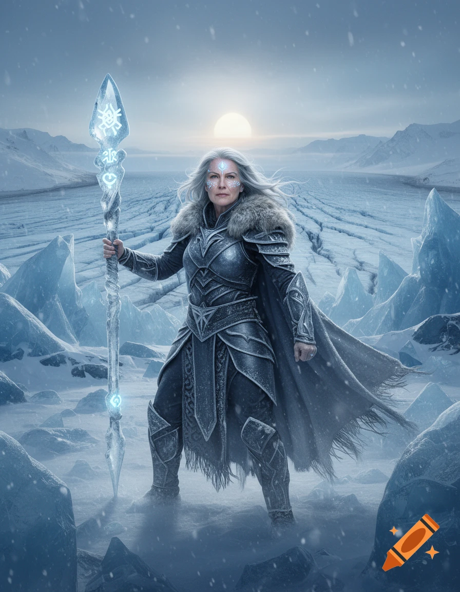 Photorealistic image of a middle-aged female ice warrior in ornate armor, wielding a glowing runic staff in a snowy mountain landscape under a pale sun.
