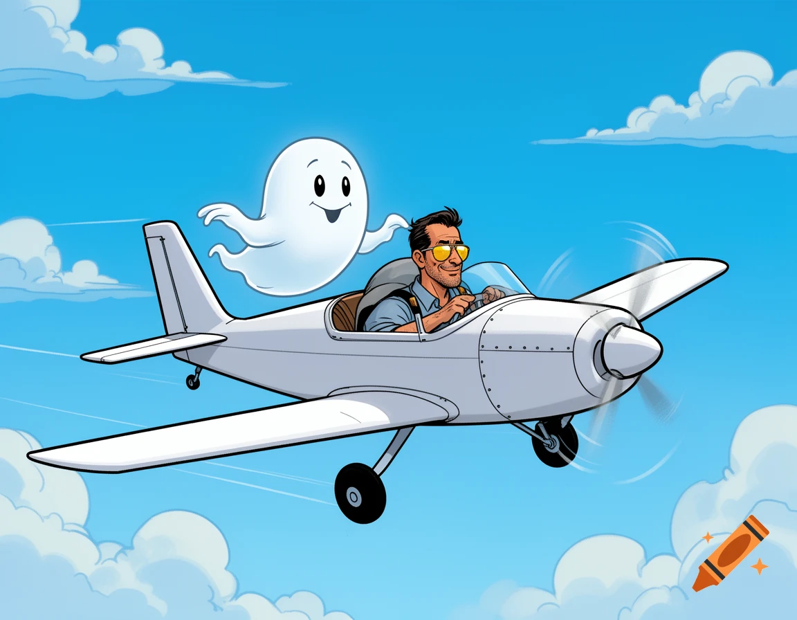 A comic-style illustration of a man piloting a small white propeller plane with a cute white ghost co-pilot flying in a blue sky with clouds.