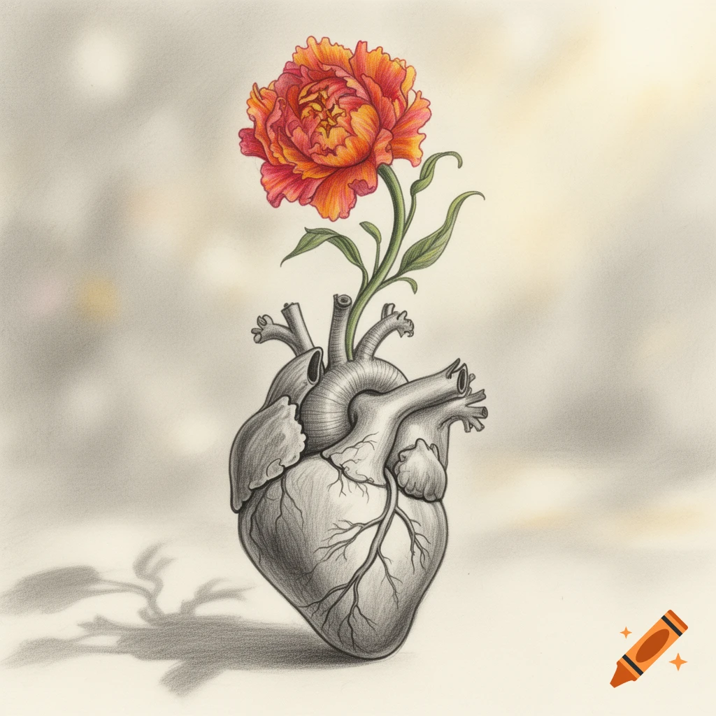A detailed pencil drawing of a gray anatomical heart with a vibrant orange and red flower and green stem growing from its top.