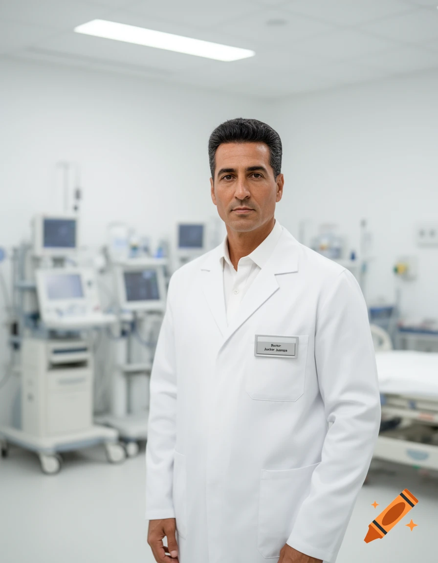 A serious-looking male doctor in a white lab coat stands in a brightly lit hospital room with medical equipment.