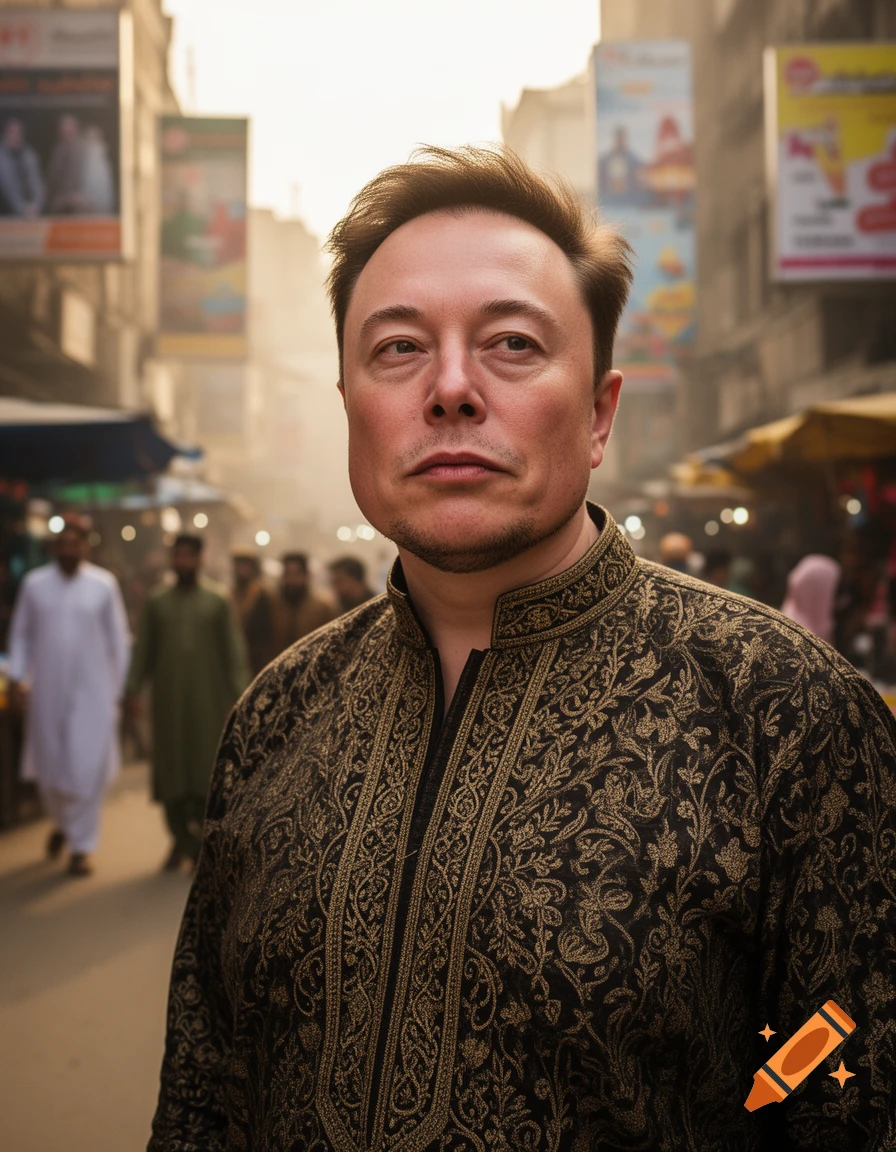 Photorealistic portrait of Elon Musk in a black and gold embroidered Pakistani kurti on a bustling Karachi street.