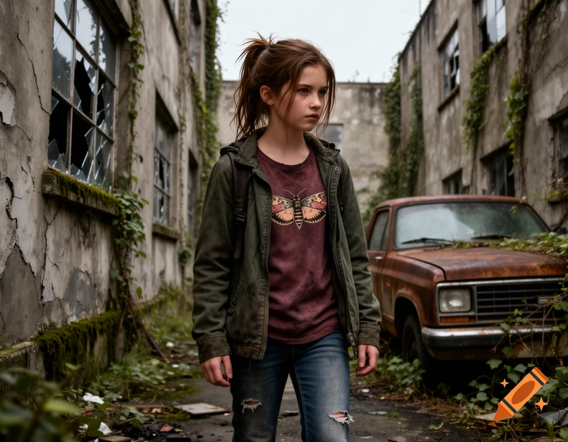 A young girl with a ponytail stands in a desolate, overgrown urban alley with ruined buildings and a rusty pickup truck.