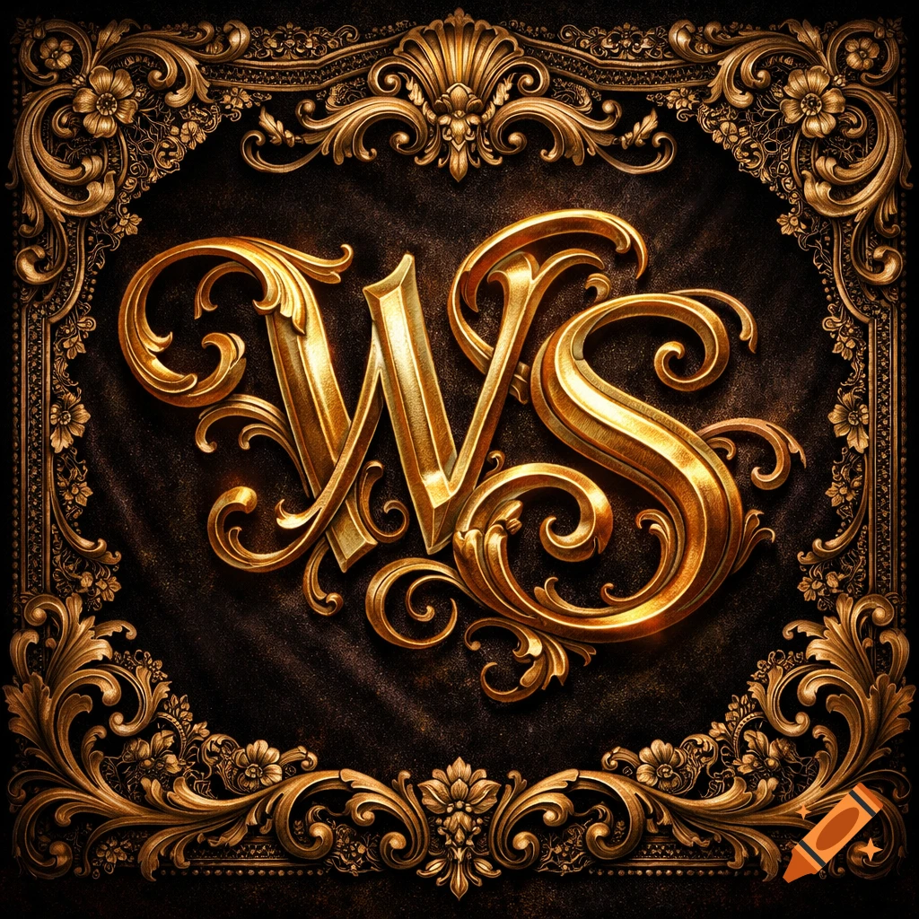 Ornate golden cursive letters 'WS' set within an elaborate gold floral frame against a dark textured background.