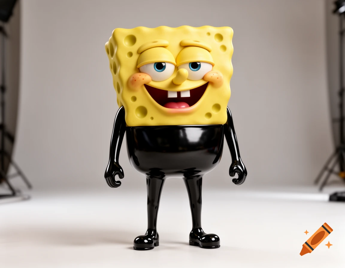 A smiling Spongebob SquarePants in a shiny black latex bodysuit, rendered in a 3D style, standing in a studio setting.