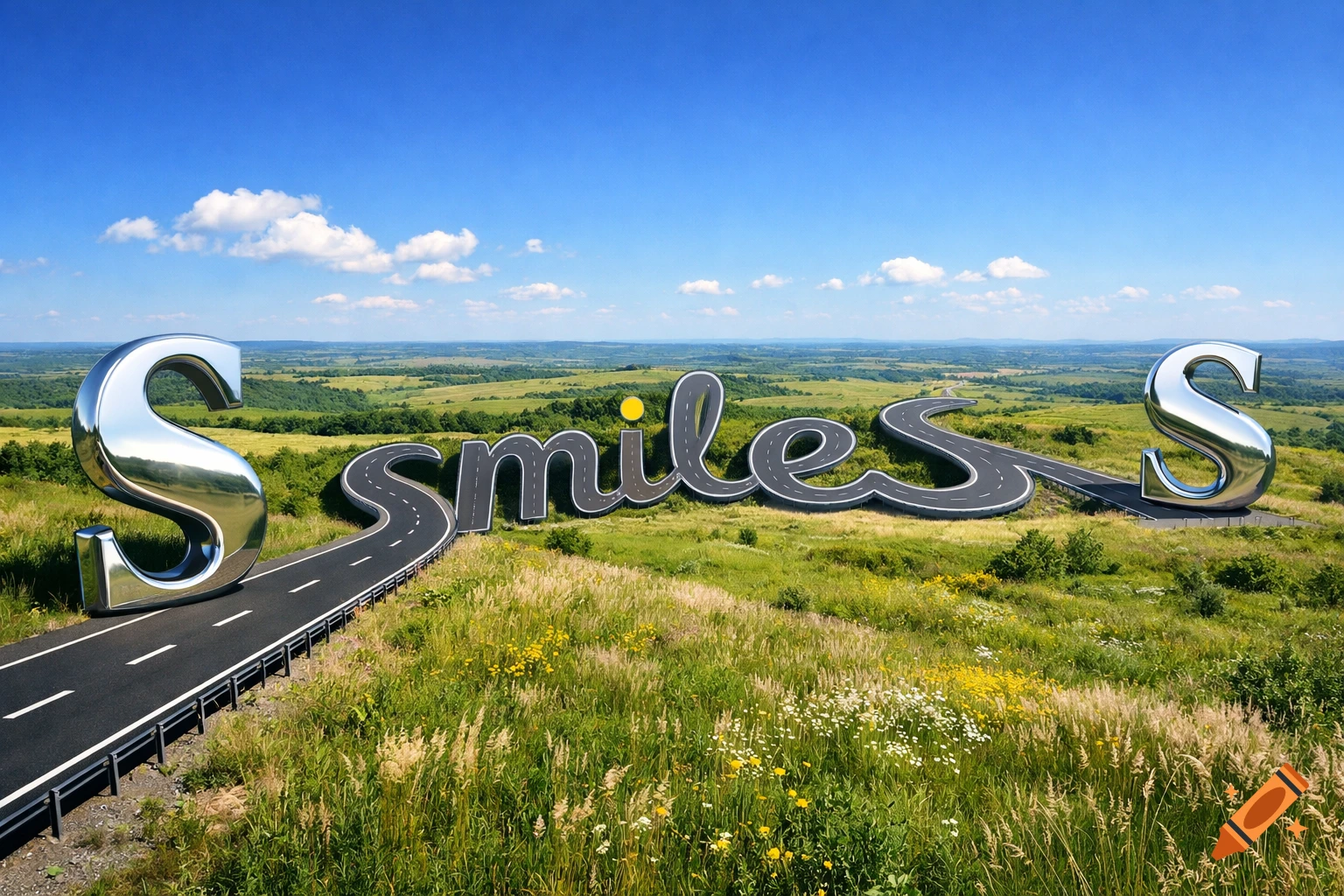 A winding road spells 'smiles' across a green, flowery landscape with metallic S's at each end, under a blue sky.