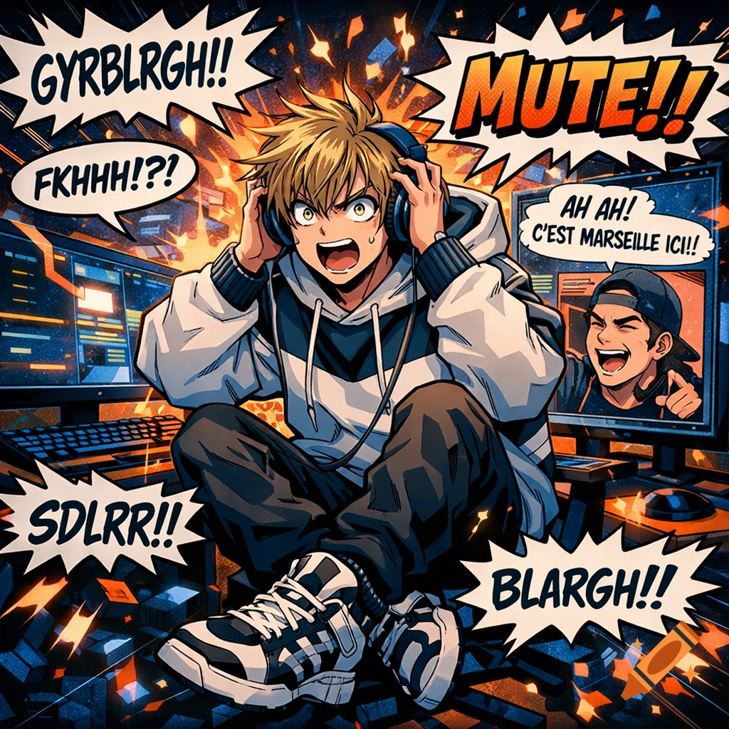 An anime-style image of a distressed young man with blonde hair and headphones, surrounded by comic book sound effects, reacting to a loud voice on a computer screen.