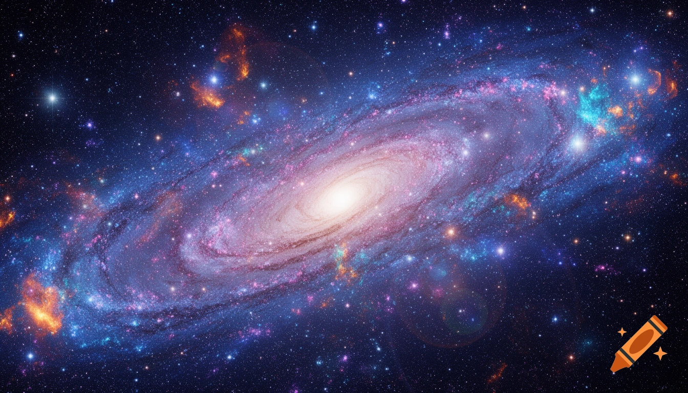 A vibrant spiral galaxy with a bright core, surrounded by colorful nebulas and countless stars in deep space.