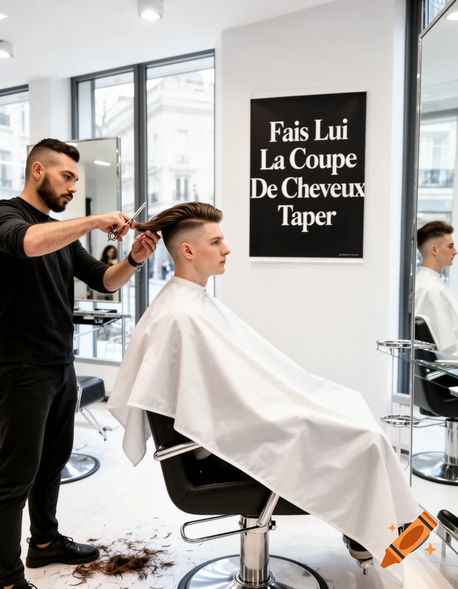 A barber cutting a young man's hair in a modern, bright barbershop, with cut hair on the floor.