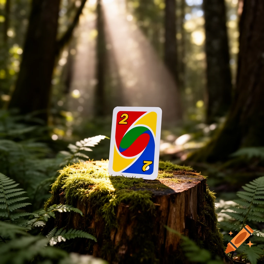 A red and yellow Uno card with the number 2 on it stands upright on a mossy tree stump in a sunlit forest.