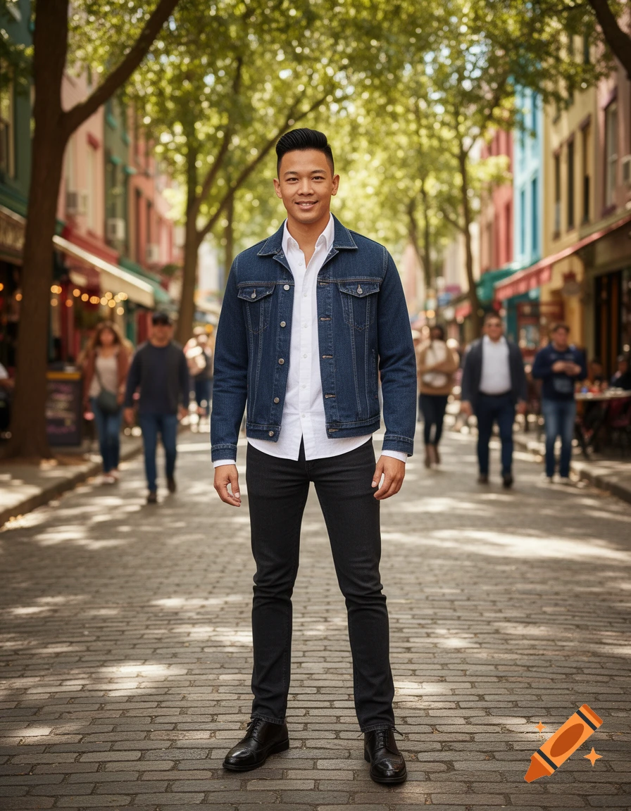A smiling young man in a denim jacket and white shirt stands on a ...
