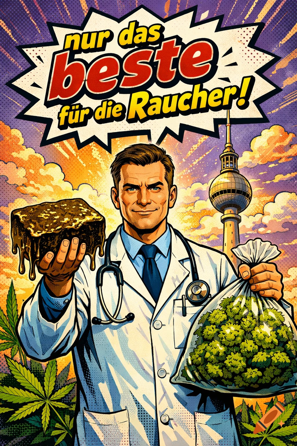Comic-style doctor holds a hashish block and cannabis buds in front of the Berlin TV Tower, with 'nur das beste f r die Raucher!' text.