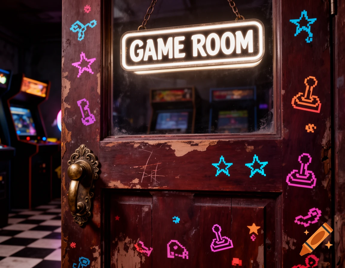 Distressed wooden door with colorful pixel art icons and a glowing 'GAME ROOM' sign, revealing an arcade interior.